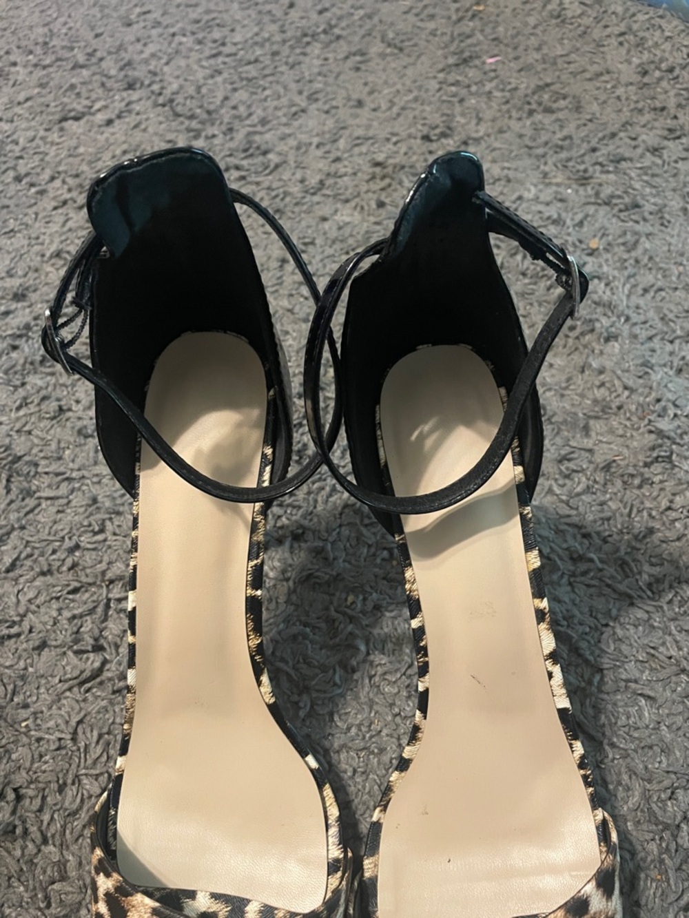 Leopard Print Pointed Toe Ankle Strap Heels - Black/Tan - Picture 3 of 7